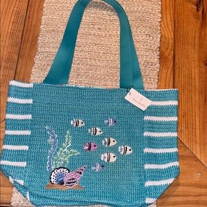 Vera Bradley Aqua Striped Tote with Marine Life straw tote Teal